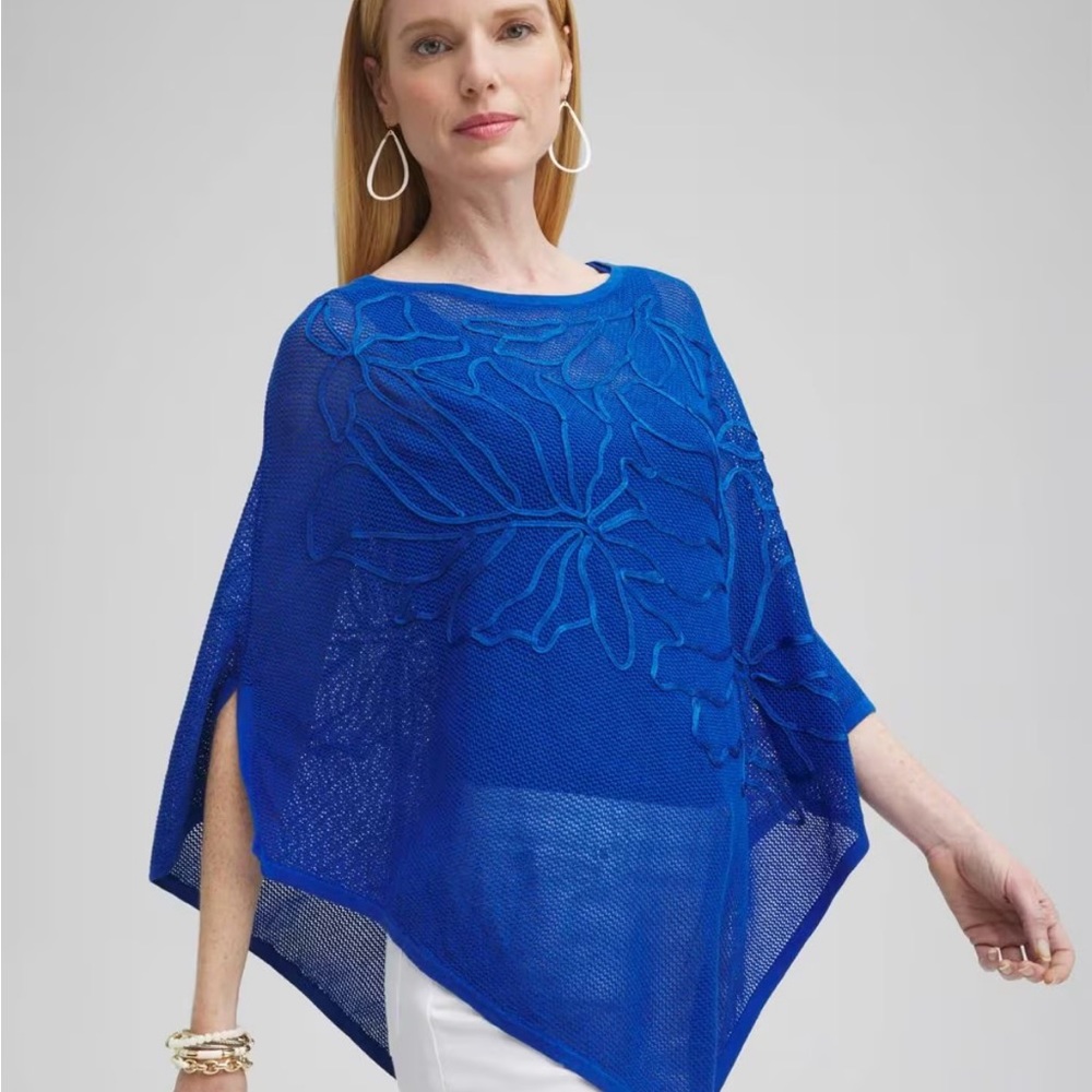 NWT Chico's Embroidered Knit Triangle Poncho in Blue, Sz L/XL (14)